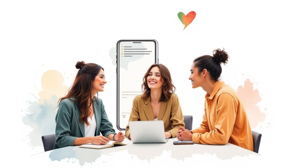 Tres mujeres sonrientes colaboran alrededor de una mesa con un portátil y una ilustración de una app en el móvil.