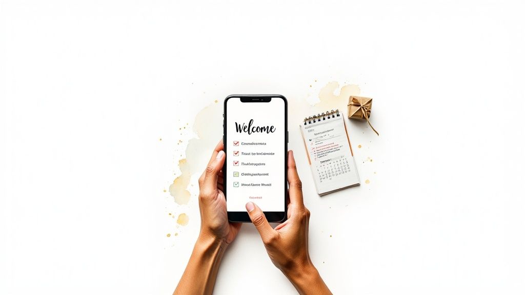 Manos sosteniendo un smartphone con una checklist de bienvenida, junto a un calendario y un regalo.